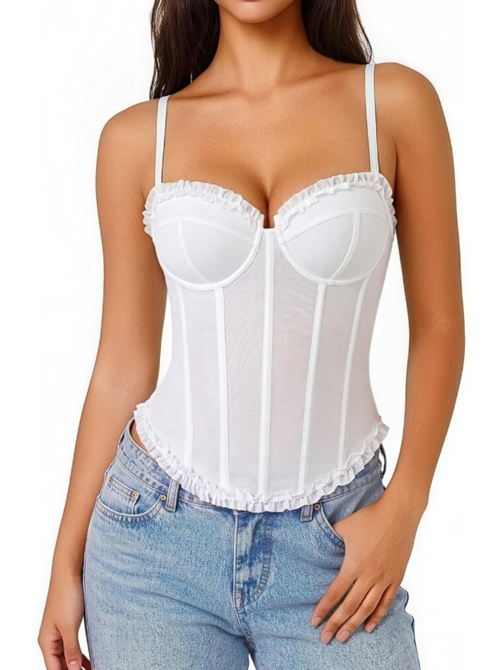 Women's White Rows Hooks Adjustable Straps V Neck Bustier Underwire Corset Top